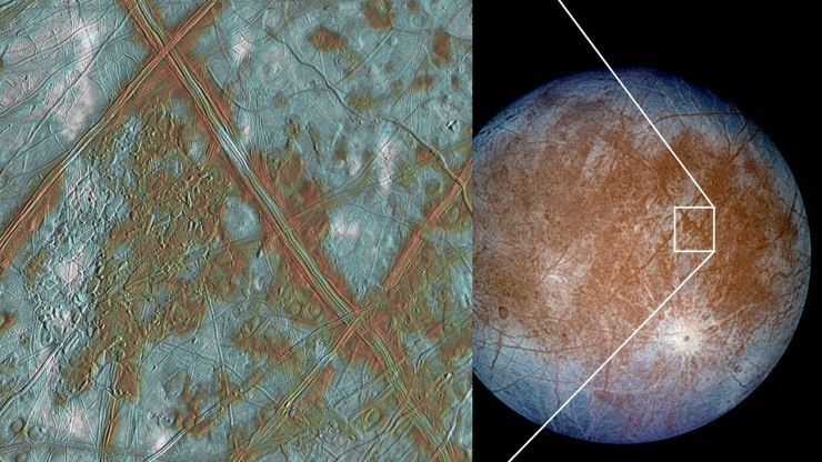 Europa met een gebarsten, ijzige oppervlakte en ingezoomd detail